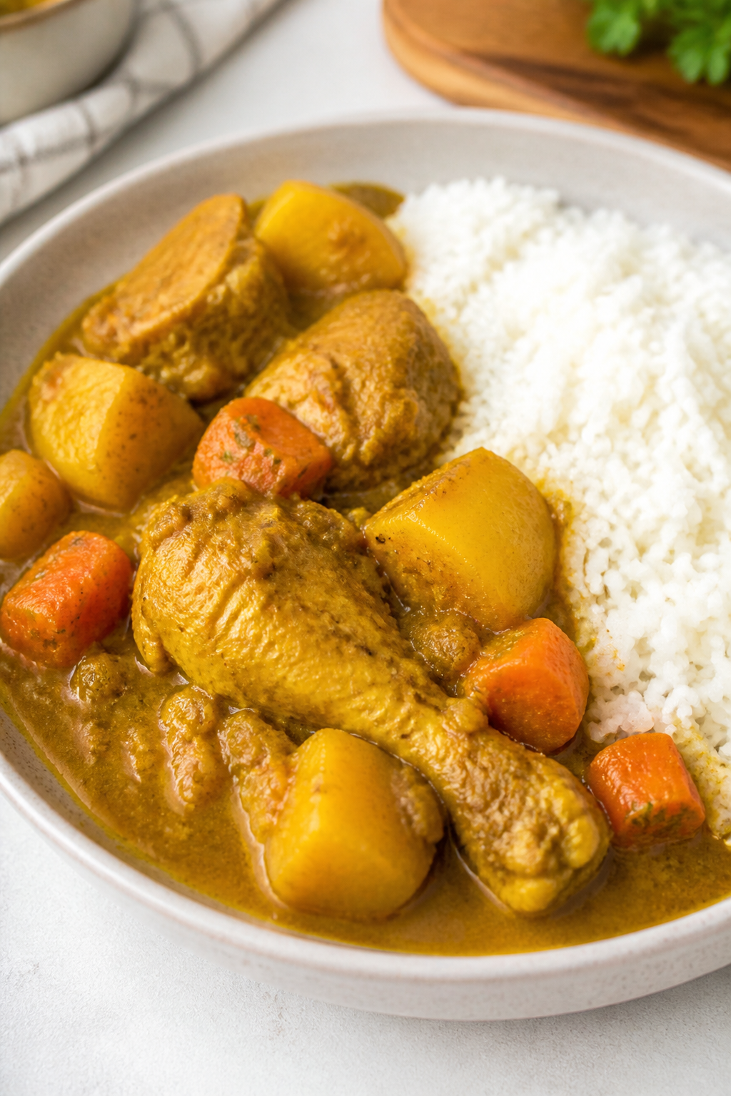 Jamaican curry chicken with potatoes and carrots served with rice