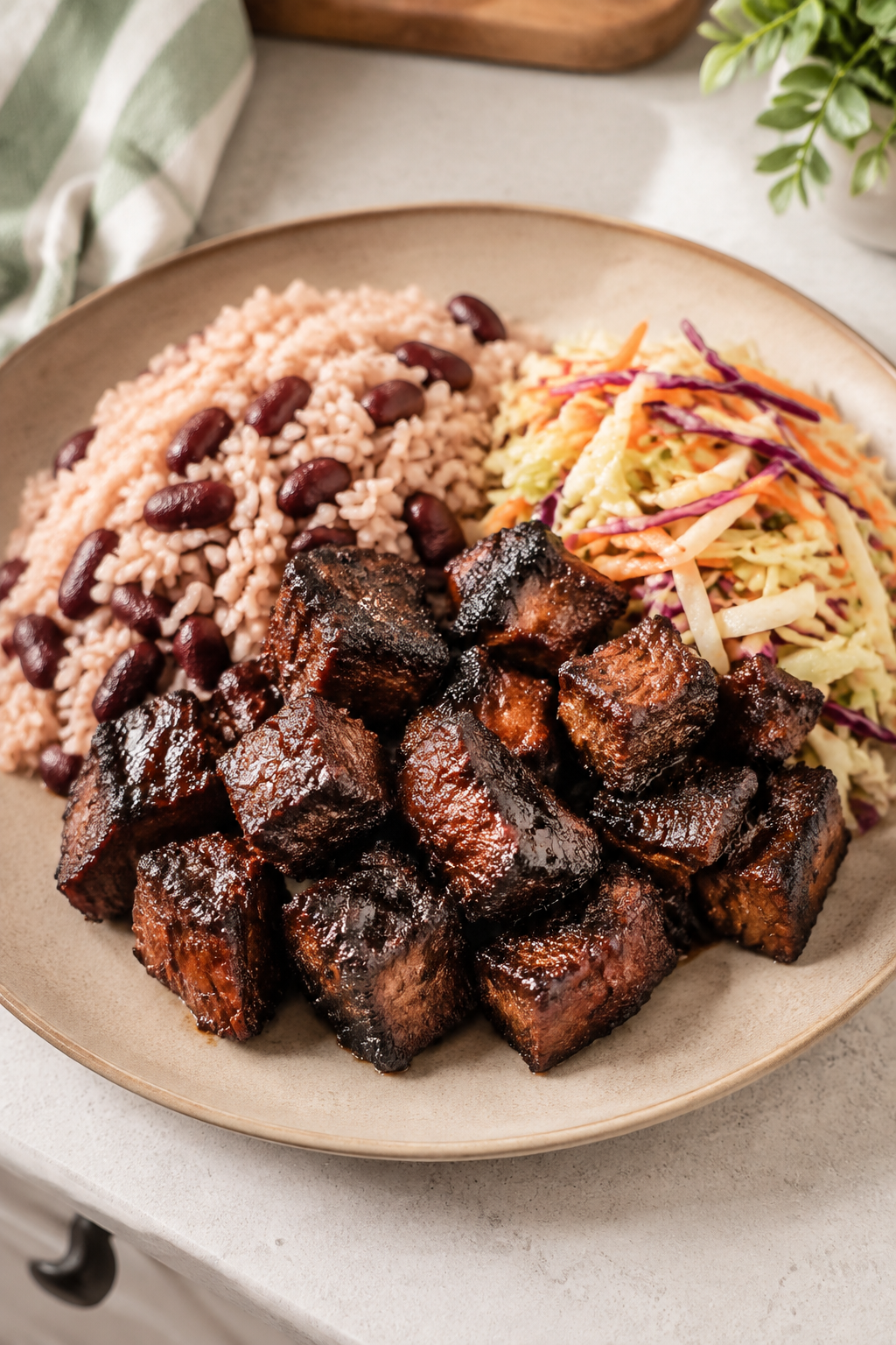 Jamaican barbecue jerk pork served with rice and peas and slaw