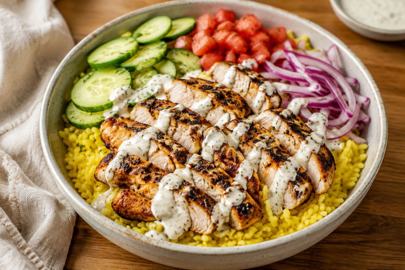 Mediterranean chicken and yellow rice bowl with cucumber, tomato, red onion, and creamy white sauce